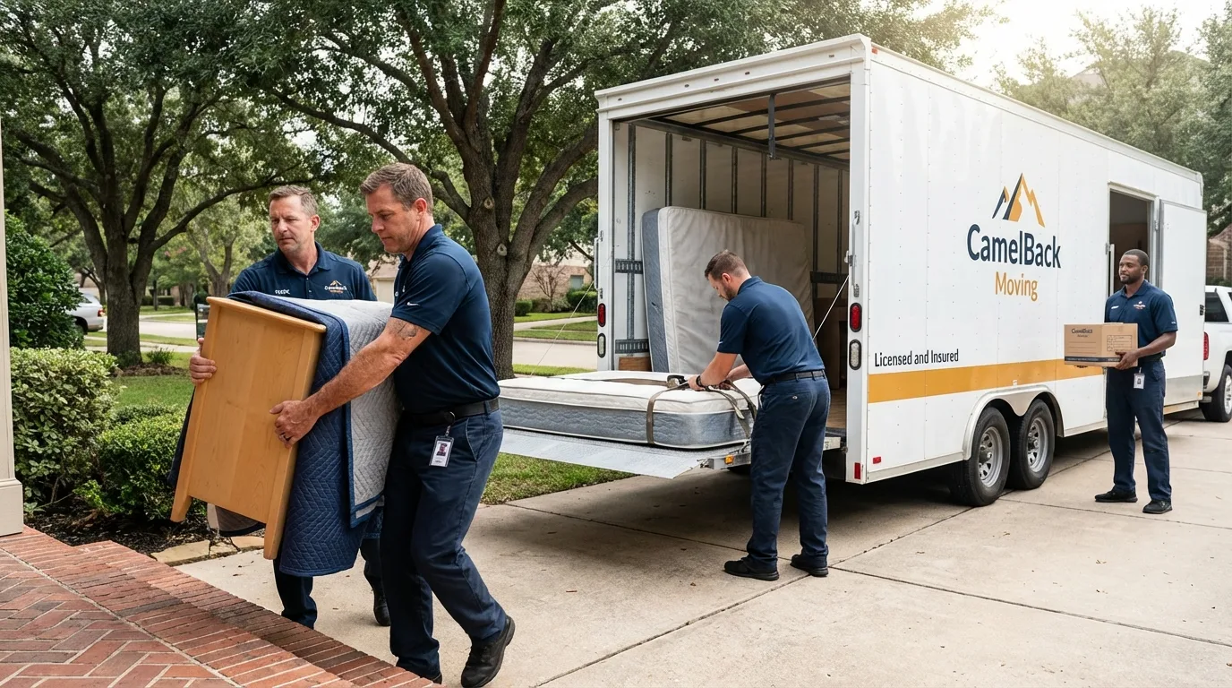 Crew loading residential truck for cross-state move from Sulphur, OK