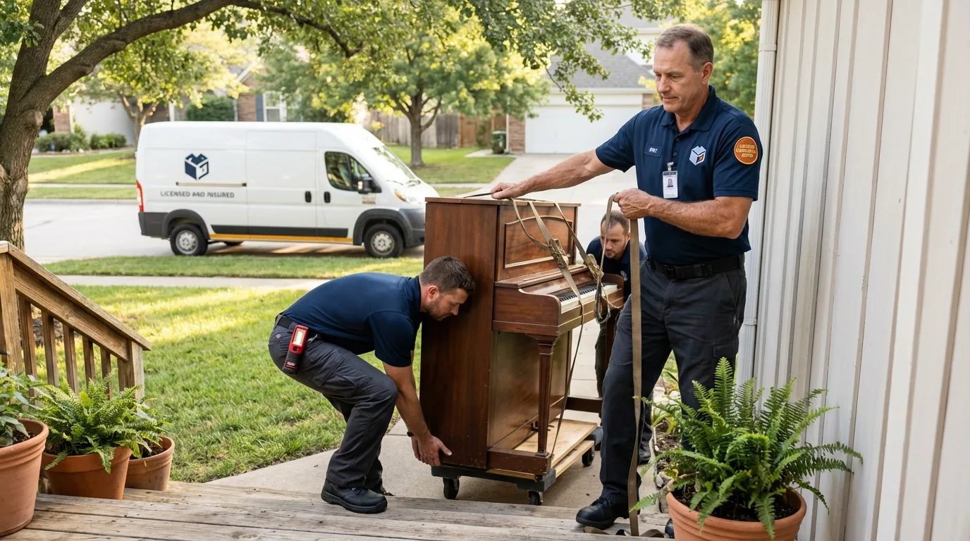 Licensed piano movers securing grand piano in Sulphur, OK
